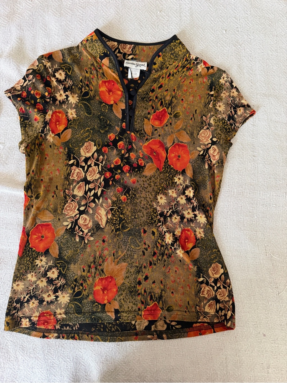 Christine Gerard Floral Olive Short-Sleeve Tee with Red Blooms